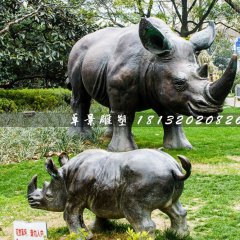 母子犀牛銅雕，公園動物銅雕