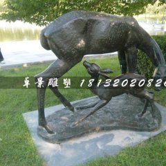 母子鹿銅雕，公園動物銅雕