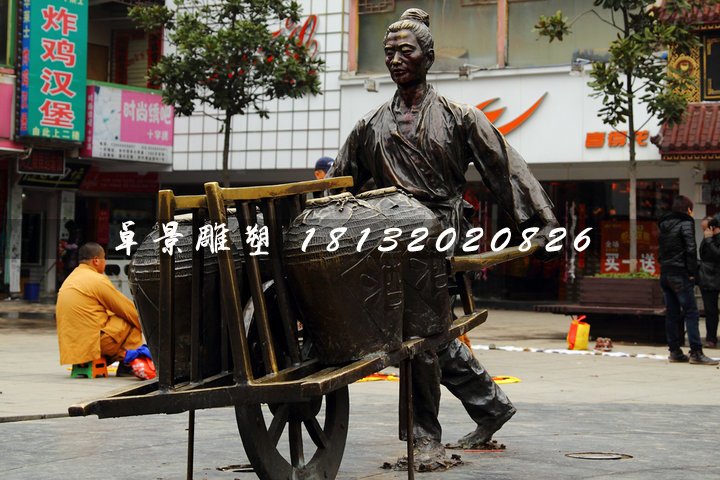 獨輪車銅雕，街頭古代人物雕塑