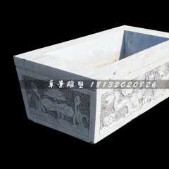 雙龍戲珠石浮雕水缸，方形水缸石雕